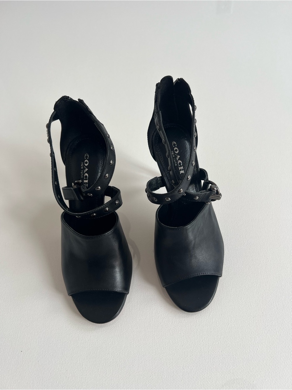 Coach Black Leather Studded Ankle-Strap Heels